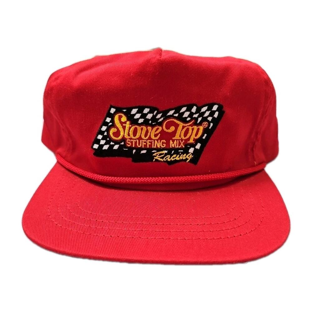 VINTAGE Stove Top Stuffing Mix Racing Hat Cap Mens Red Snap Back Rope VISOR USA